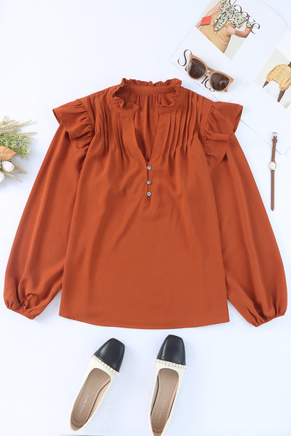 Oranje geplooide geplooide blouse met V-hals en knopen