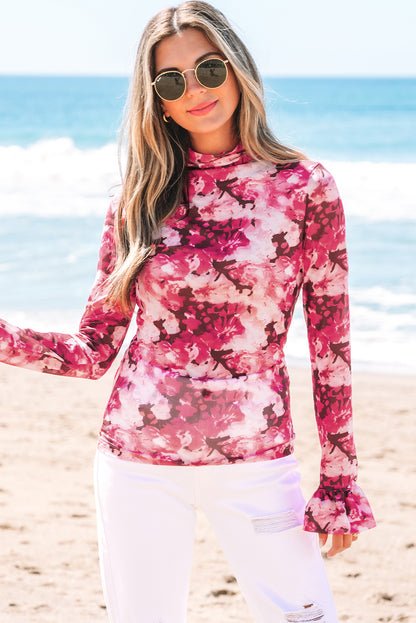 Rozen bloemen mesh founce mouw mock nek blouse