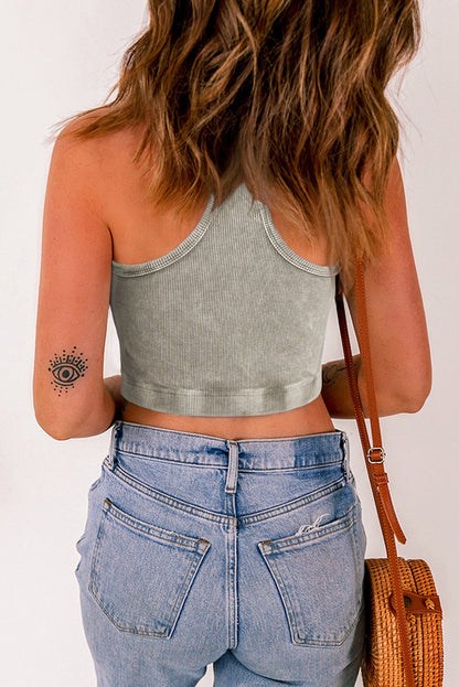 Lichtgrijze geribbelde cropped tanktop met racerback en minerale wassing