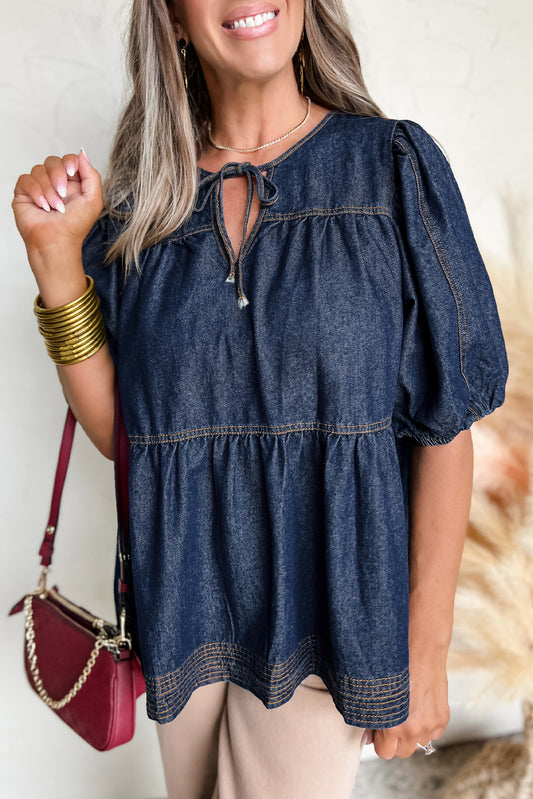 Zeil blauwe puff mouw veter halslijn splicing denim blouse