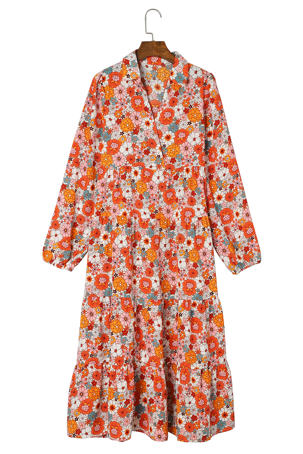 Veelkleurige Boho gebloemde jurk met lange mouwen en ruches
