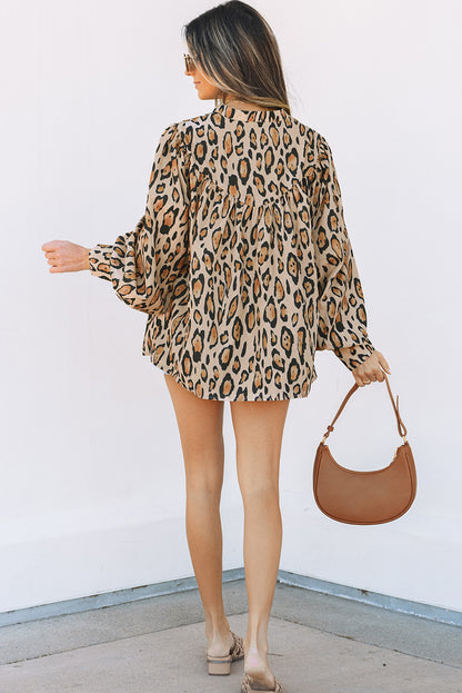 Licht Frans beige oversized luipaard print ballon mouw casual shirt