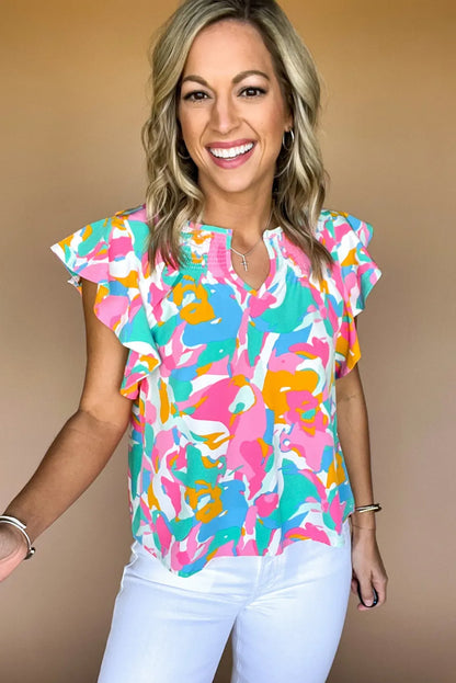Veelkleurige blouse met abstracte print en gekerfde hals en fladdermouwen