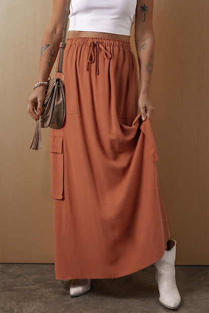 Kastanjebruine Cargo Pocket Trekkoord Taille Maxi Rok