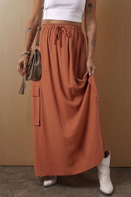 Kastanjebruine Cargo Pocket Trekkoord Taille Maxi Rok
